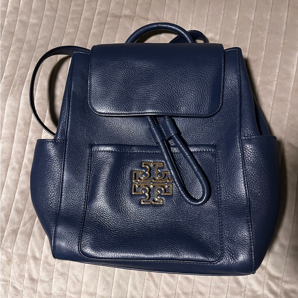 Brand new Tory Burch navy leather backpack and wallet